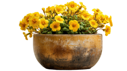 Ceramic flower pot with bright yellow flowers Transparent background, PNG file
