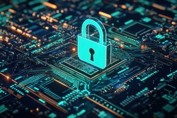 Fototapeta premium Digital lock icon displayed on a circuit board.