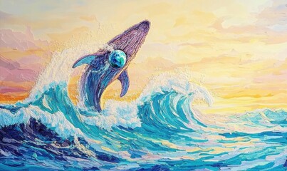 Whale breaching ocean wave with earth globe fantasy artistic painting