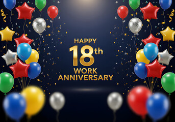 Celebrate a happy 18th work anniversary with balloons, confetti, and a cheerful message.