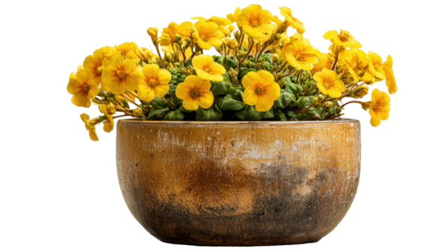 Ceramic flower pot with bright yellow flowers Transparent background, PNG file