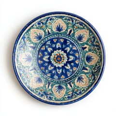 An antique ceramic plate with intricate floral design in shades of blue and white, embodying traditional craftsmanship and cultural heritage. The plate showcases a symmetrical pattern.