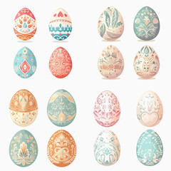 Collection of twelve decorated eggs, featuring a variety of pastel colors and intricate designs, suitable for a spring or Easter theme.