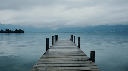 Obraz premium Tranquil wooden dock extends into a serene lake under a hazy sky