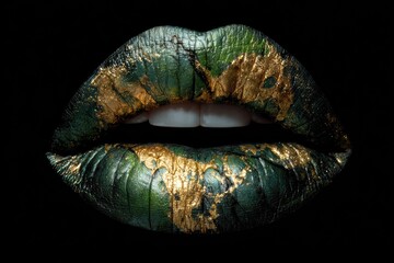 Close-up of painted lips, green and gold
