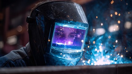 Welder at Work Creating Sparks in Industrial Environment