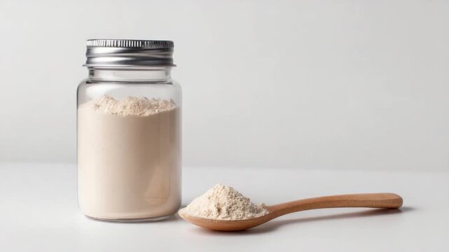 Healthy Flour Jar and Spoon: A still life, clean shot reveals a glass jar and a wooden spoon filled with fine flour, evoking the essence of simple baking essentials and natural ingredients.