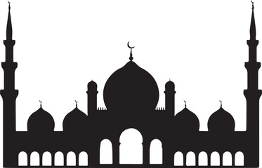 Silhouette of a Grand Mosque An Architectural Marvel in Black and White Featuring Intricate Designs and Towering Minarets Against a Clear Backdrop