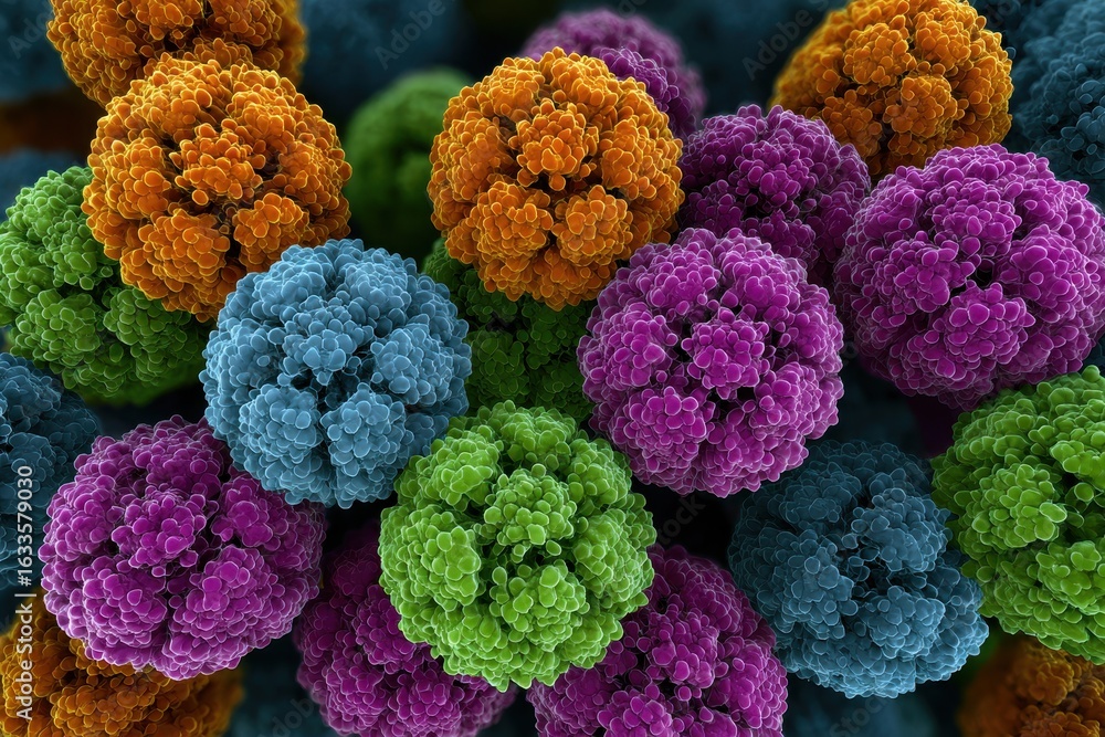 Poster colorful representation of viruses observed under a microscope highlighting their unique structures 