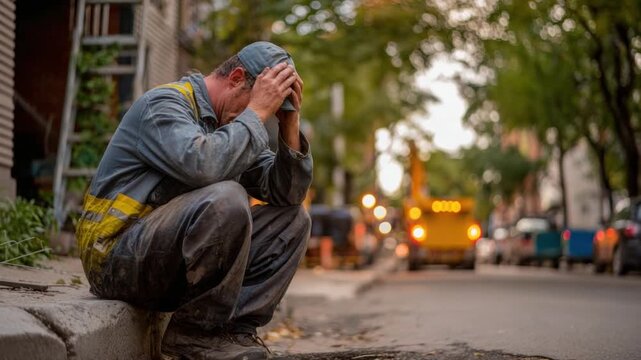 Stressed Worker on Sidewalk: A weary worker, head in hands, sits dejectedly on a sidewalk, the backdrop of an urban construction site evoking themes of burnout and hardship. 