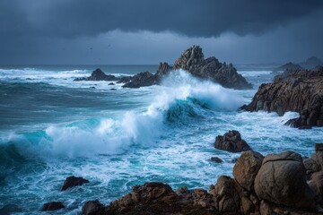 Fototapeta premium Dramatic crashing waves thundering against a rugged rocky shore with dark storm clouds in the background creating a moody atmosphere and highlighting nature's power
