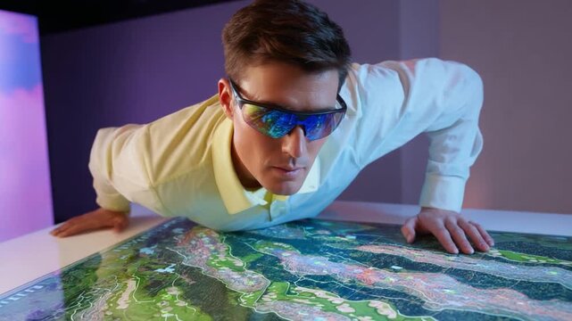 Analyst's View: A focused individual, wearing stylish eyewear, intently studies a detailed map, possibly charting a course for the future.