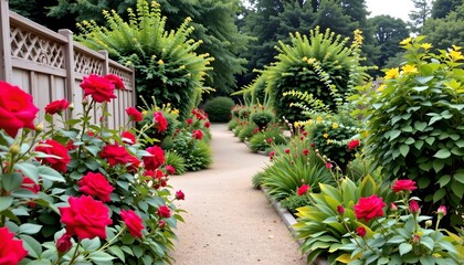 Serene Garden Pathway Surrounded Vibrant Roses
