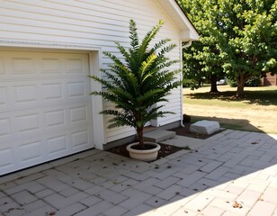 Serene Suburban Garden with Planter and Paving Stones