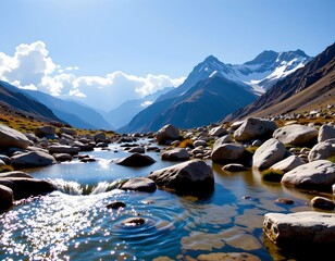 Serene Mountain Landscape with Gentle Stream and Snowcapped Peaks