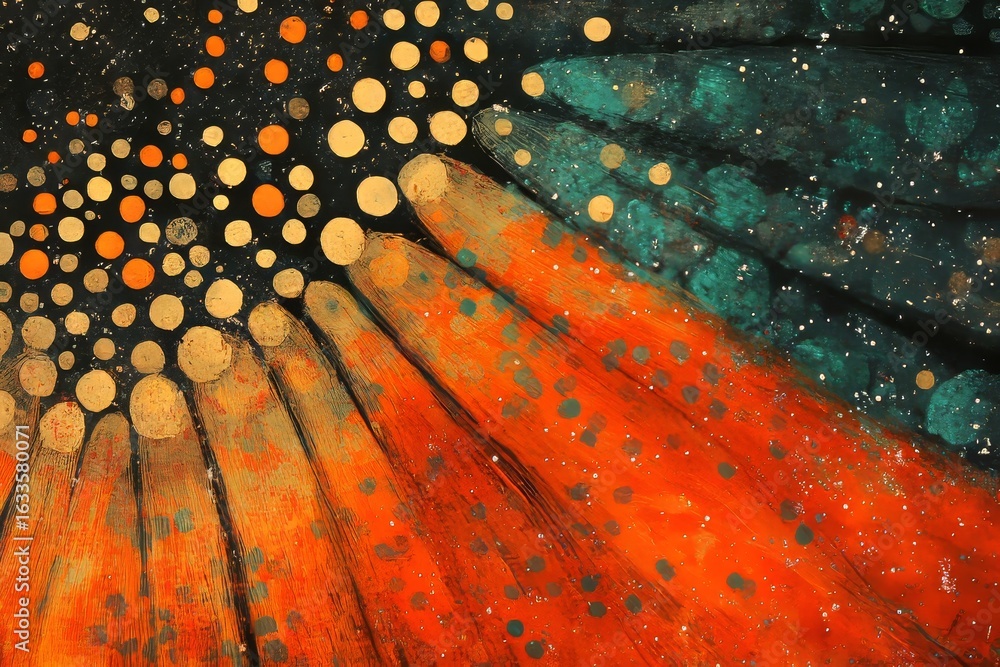 Poster abstract painting with radiating lines and circular patterns.