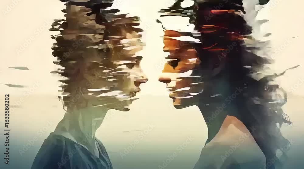 Poster abstract reflection of two figures in water, expressing emotion and movement in a blurry artistic st