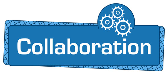 Collaboration Gears Blue Box Circle On Top Text Horizontal 