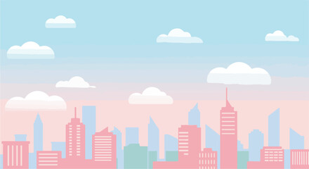 Pastel city skyline with clouds