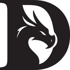 Black dragon head silhouette within a large letter D white