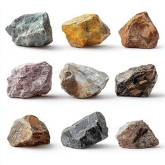 Fototapeta premium A collection of various stones and rocks arranged in a grid, each displaying unique textures and colors. The rocks feature an array of natural colors
