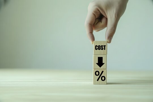 Hand stacking wooden blocks showing cost reduction and percentage decrease