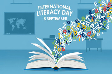 An open book unleashes a stream of colorful letters and numbers in a classroom for International Literacy Day.