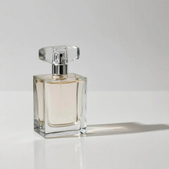 Minimalist Modern Glass Perfume Bottle with Shiny Cap on White Surface