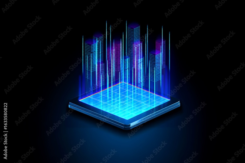 Poster computer processor chip with glowing digital data streams, technology concept