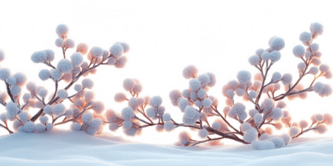 Delicate frosted branches with soft pink and white blossoms covered in snow and ice isolated on transparent background