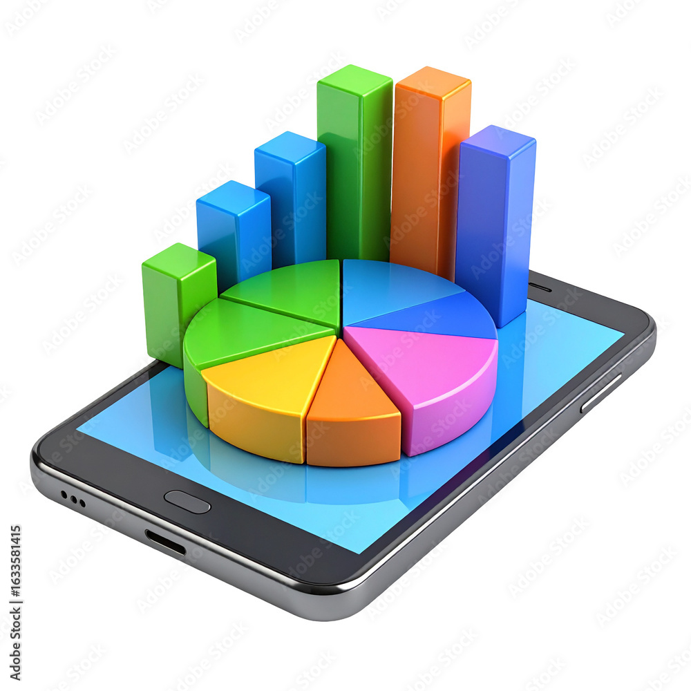 Poster colorful charts and graphs display on a modern mobile device, promising insightful data analysis.