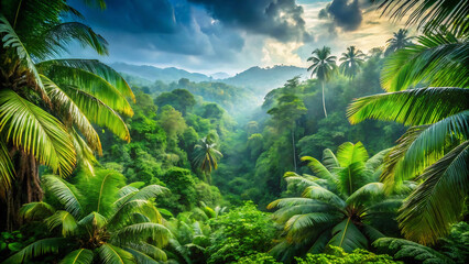 Lush tropical rainforest canopy with palm trees and distant misty mountains view under cloudy sky
