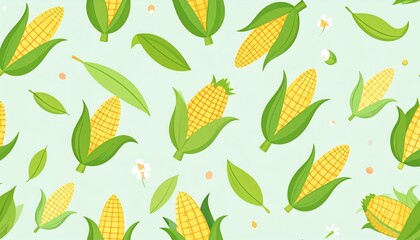 Colorful corn pattern with green leaves and floral elements in a playful design