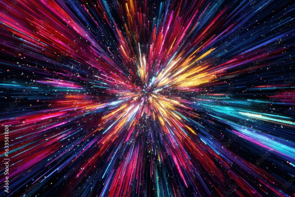 Poster neon star portal explodes into vibrant colors while moving at incredible speed, creating a mesmerizi