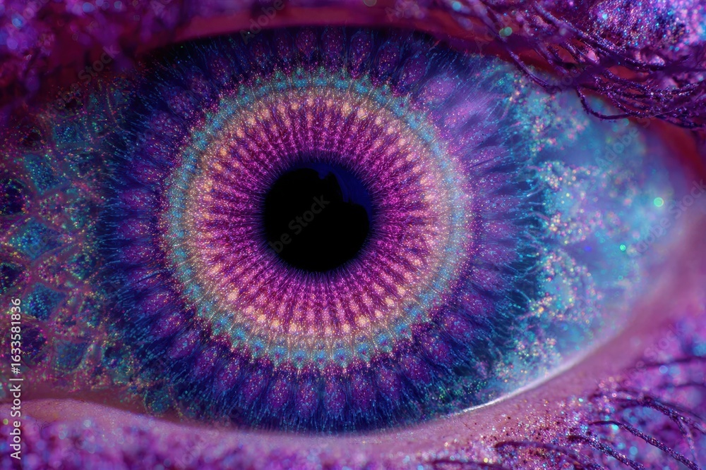 Poster exploring vibrant patterns of a kaleidoscope macro close up of an eye displaying hypnotic colors and