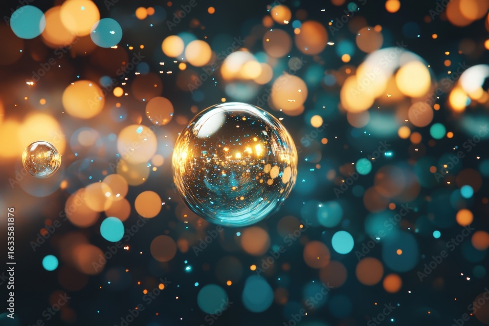 Poster sparkling spheres in a bokeh effect.
