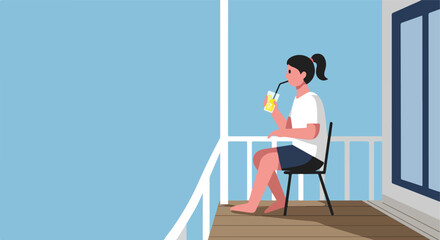Woman enjoys lemonade on balcony