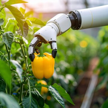 Robotic arm harvesting yellow bell pepper in greenhouse during day