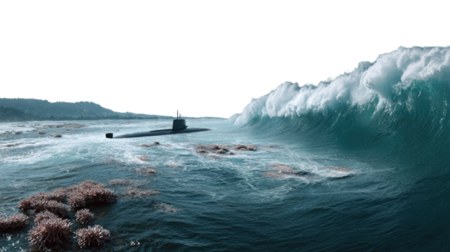 Submarine Amidst the Tsunami: A dramatic scene unfolds as a submarine navigates the turbulent ocean, facing the immense power of a towering wave.