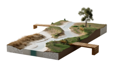 Miniature Landscape Diorama: Detailed cross-section showcasing a meticulously crafted diorama, featuring a meandering river, bridges, grassy banks, and a lone tree.
