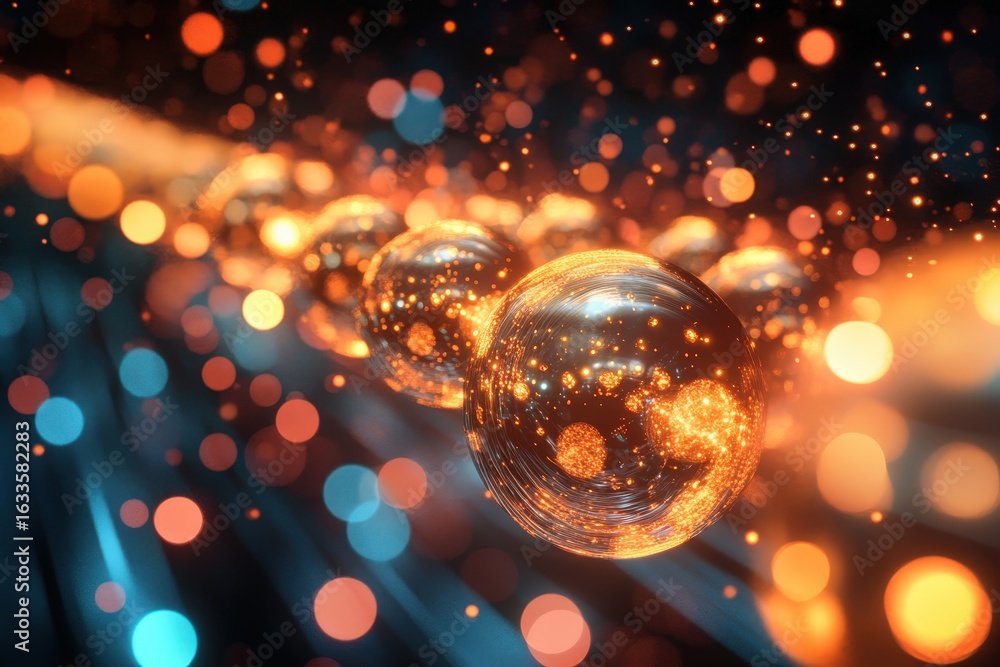 Poster abstract design with glowing spheres and bokeh.