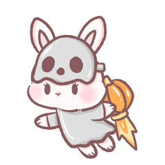 Cute white bunny flying with pumpkin jetpack wearing skull mask and ghost costume kawaii Halloween space rabbit illustration cartoon galaxy fantasy character adorable spooky sci fi digital art