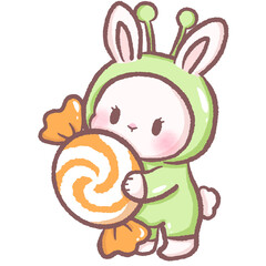 Cute white bunny in green alien costume holding swirl candy kawaii Halloween space rabbit illustration adorable cartoon character pastel sci fi fantasy galaxy theme trick or treat digital art