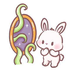 Cute white bunny looking at alien portal with green tentacles kawaii space rabbit illustration spooky cosmic cartoon sci fi galaxy dimension fantasy creature interstellar mystery digital art