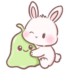Cute white bunny hugging green alien blob kawaii space rabbit illustration adorable extraterrestrial friend pastel cartoon sci fi fantasy galaxy character digital art intergalactic friendship theme