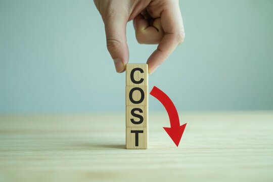Hand holding wooden block with cost and red arrow indicating reduction
