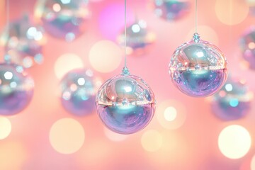 Festive, pastel-toned baubles against a soft, bokeh background.