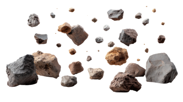 Scattered Rocks: A collection of various rocks, with different sizes, shapes, and colors, floating in an aesthetically pleasing arrangement. 