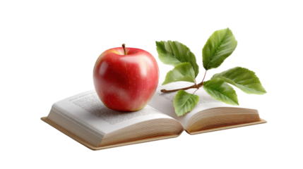 Apple on Open Book: An image that depicts the symbolism of knowledge with an open book, a fresh red apple, and vibrant green leaves that evoke freshness.