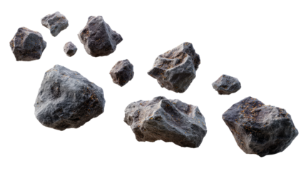 Asteroids: A collection of asteroids, varying in size and texture, float through space, their rough surfaces and gray tones suggesting a sense of ancient time and cosmic mystery.